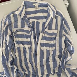 Forever 21 Blue and White Striped long sleeve button up Shirt Linen Blend Small